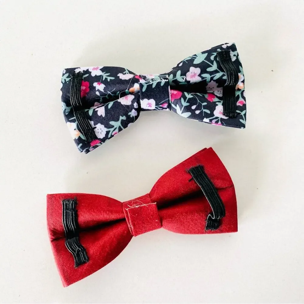 2 NEW HANDMADE Navy Blue Floral Red Plaid Dog Cat Pet Collar Elastic Bow Tie